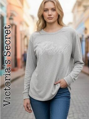 Victoria's Secret Gray 'Pink' Long-Sleeve Crewneck Tee Size Medium